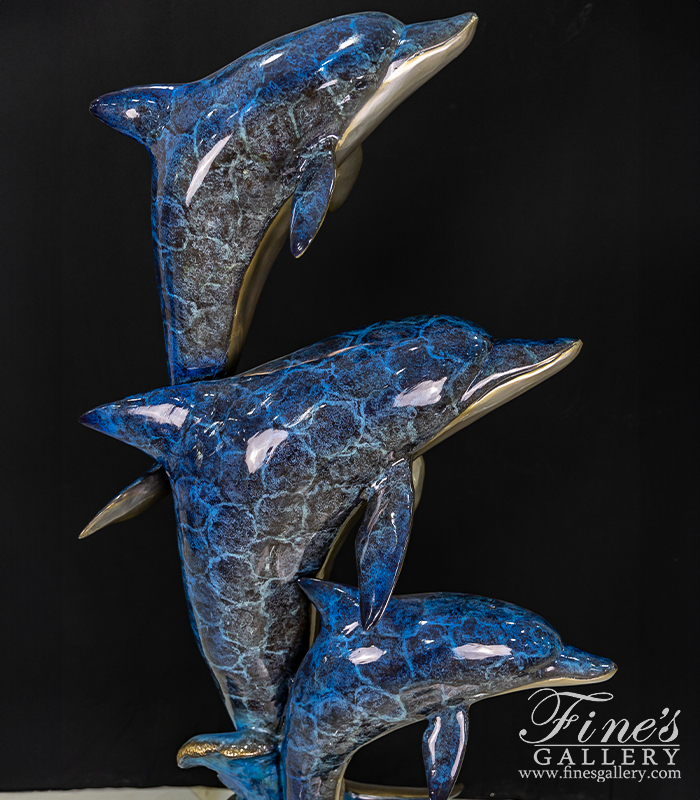 Bronze Fountains  - Three Dolphins Bronze Fountain In Dazzling Blue Enamel - BF-892